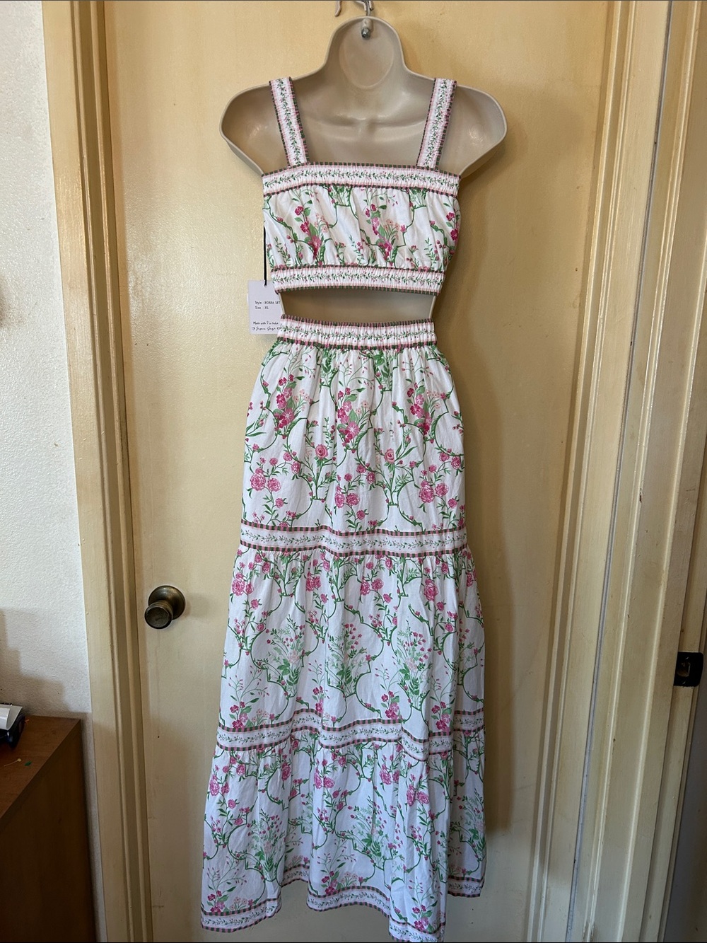 Japna White Floral Crop Top and Maxi Skirt Set with Pink and Green Print - Picture 6 of 12